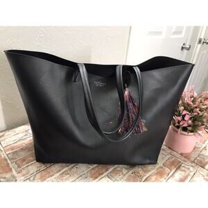 Victoria's Secret Black Faux Leather Tote Bag Large Shopper Handbag Vegan Tassel